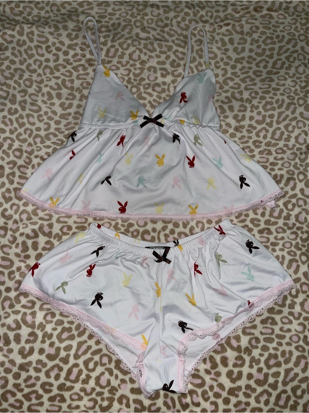 PLAYBOY Y2K White Cami & Short Pajama Set with Multicolor Bunny logo
